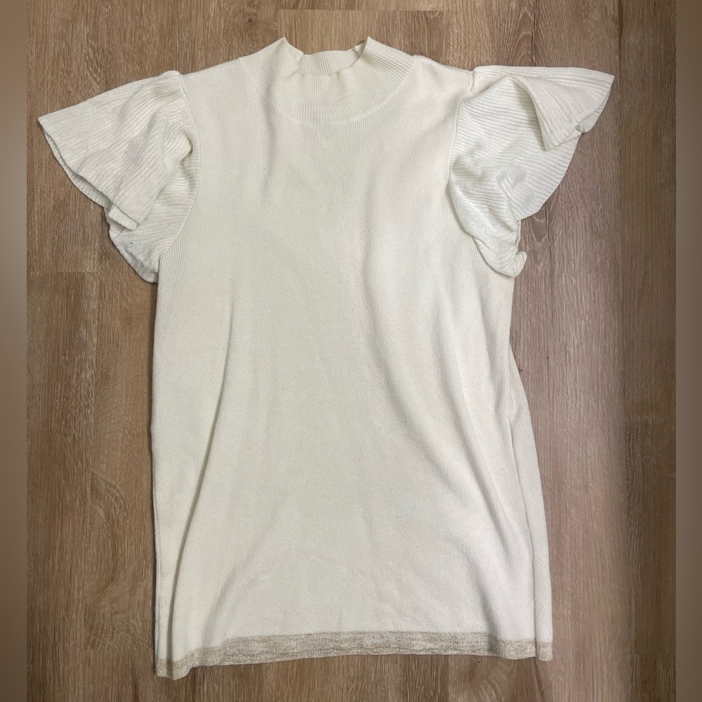 Nine West Cream Flutter Sleeve Sweater Blouse with Gold Trim